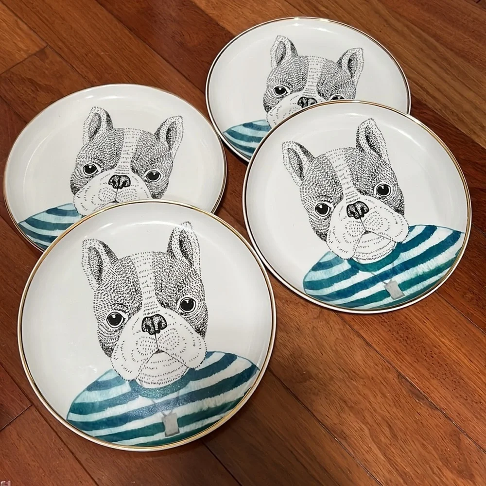 PIER 1 Book Club FRENCH BULLDOG Fine China Salad Plates Gold Trim Set/2